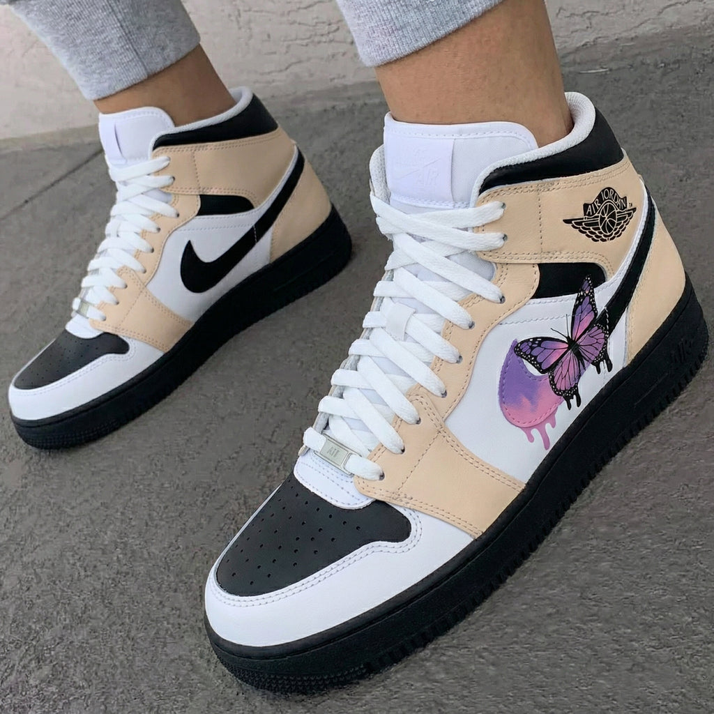 Custom AF 1s Shoes Beige Black with Butterflies-oicustom