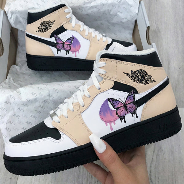 Custom AF 1s Shoes Beige Black with Butterflies-oicustom