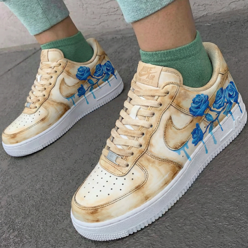 Custom AF 1s Shoes Beige Blue Roses-oicustom