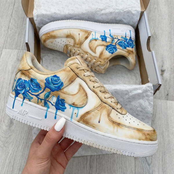 Custom AF 1s Shoes Beige Blue Roses-oicustom