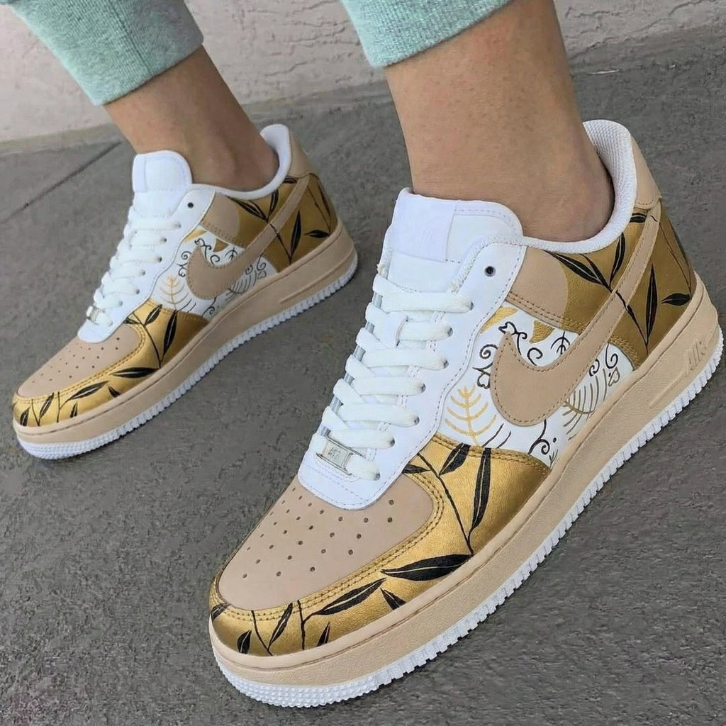 Custom AF 1s Shoes Beige Gold Leaf Pattern-oicustom