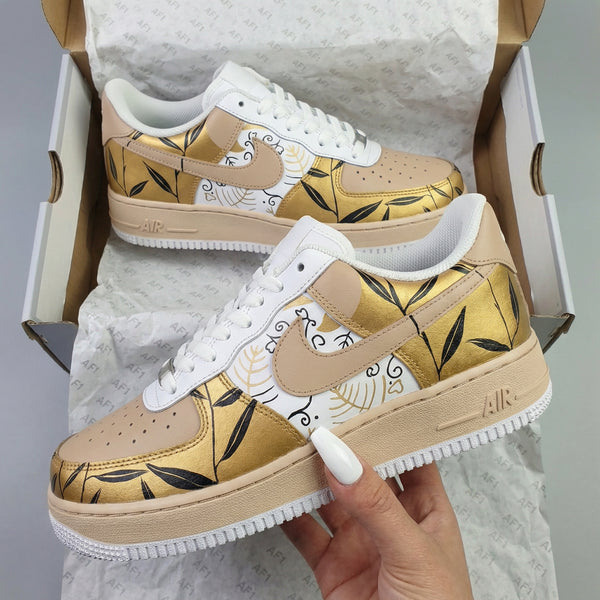 Custom AF 1s Shoes Beige Gold Leaf Pattern-oicustom