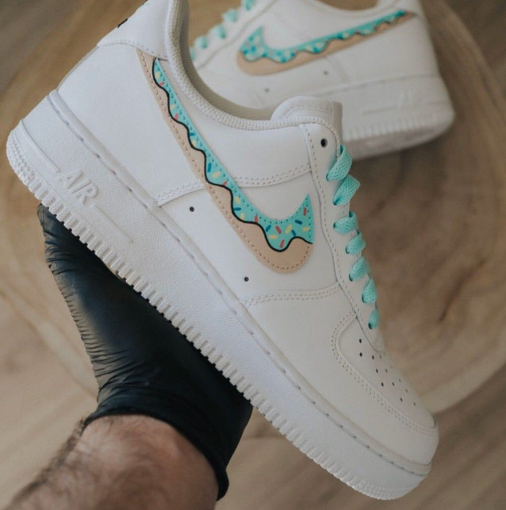 Custom AF 1s Shoes Beige Mint with Wavy Pattern-oicustom