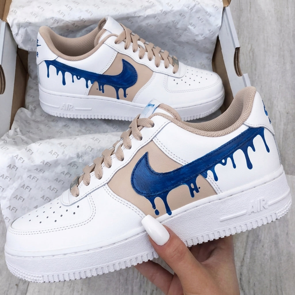 Custom AF 1s Shoes Beige Royal Blue Drip Swoosh-oicustom