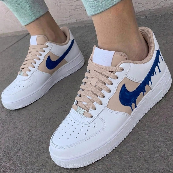 Custom AF 1s Shoes Beige Royal Blue Drip Swoosh-oicustom