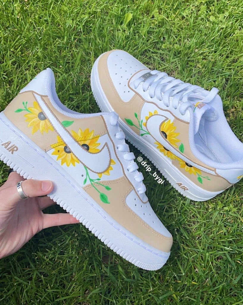 Custom AF 1s Shoes Beige Sunflower Design-oicustom
