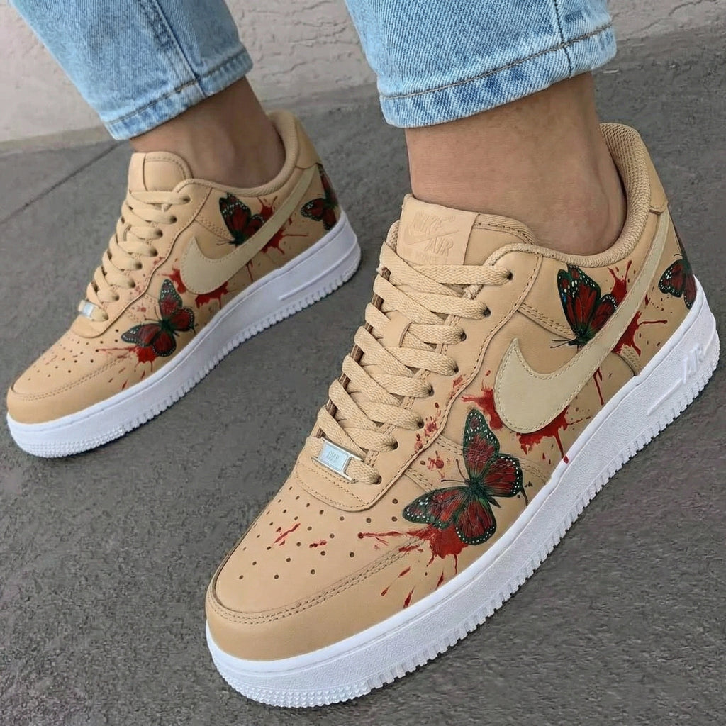 Custom AF 1s Shoes Beige with Butterflies and Blood - like Splashes-oicustom