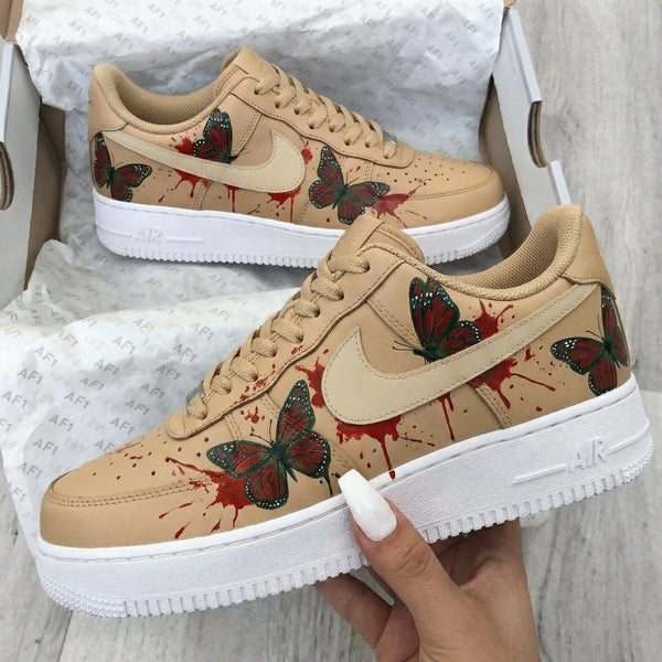 Custom AF 1s Shoes Beige with Butterflies and Blood - like Splashes-oicustom