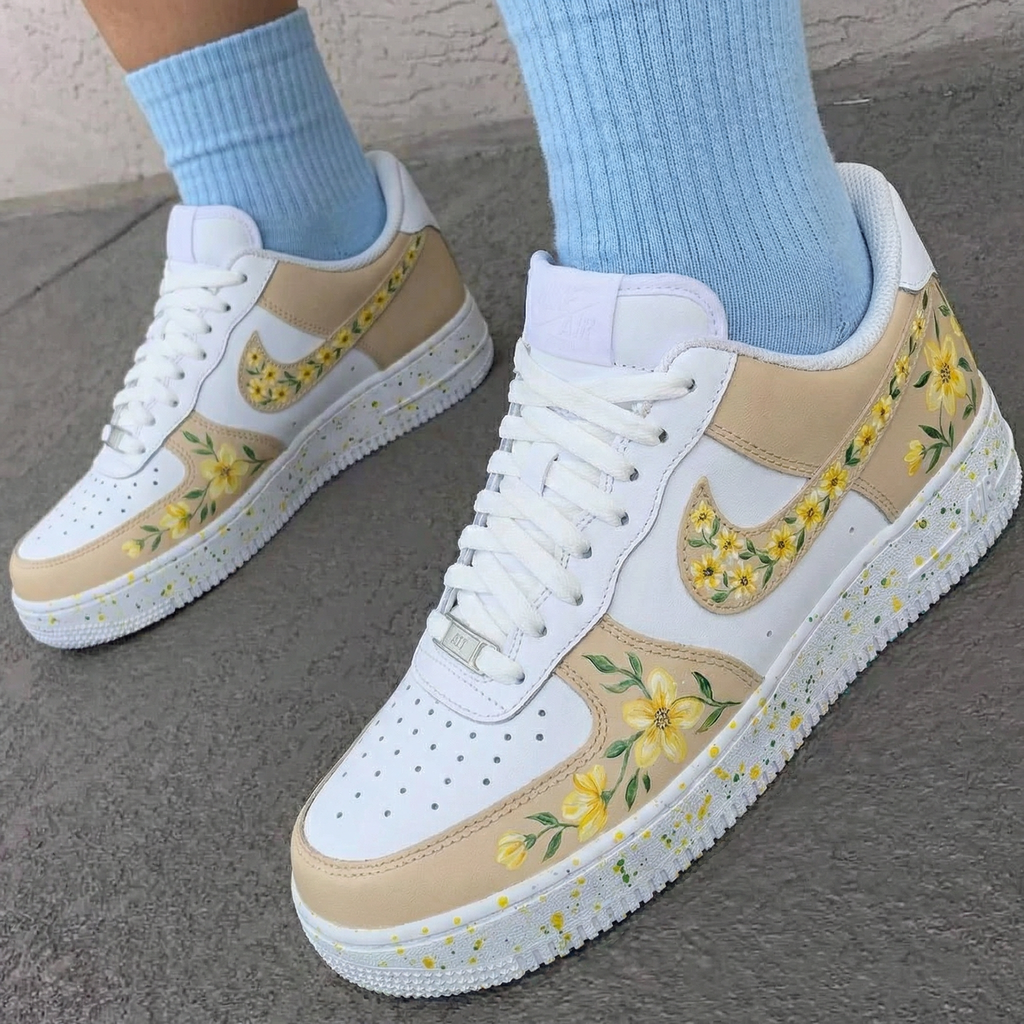 Custom AF 1s Shoes Beige Yellow Flower Design-oicustom