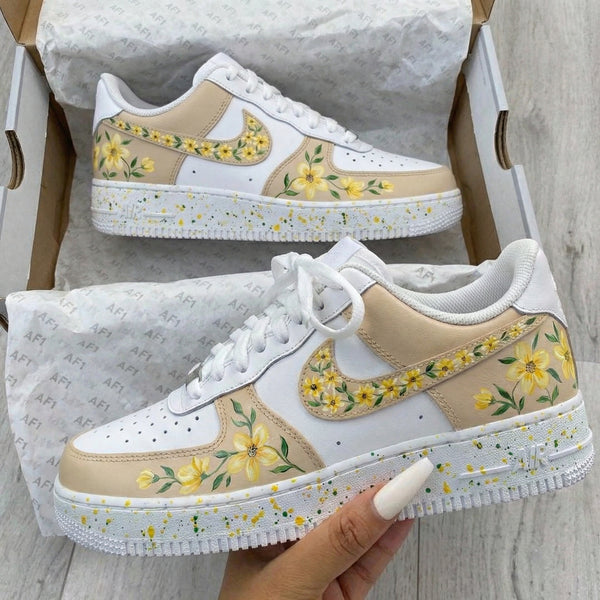 Custom AF 1s Shoes Beige Yellow Flower Design-oicustom
