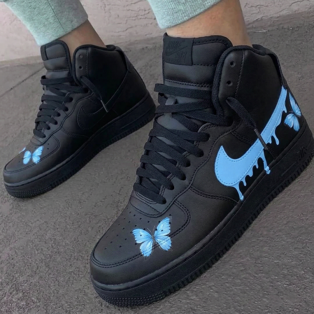Custom AF 1s Shoes Black Baby Blue Butterflies Dripping Swoosh-oicustom