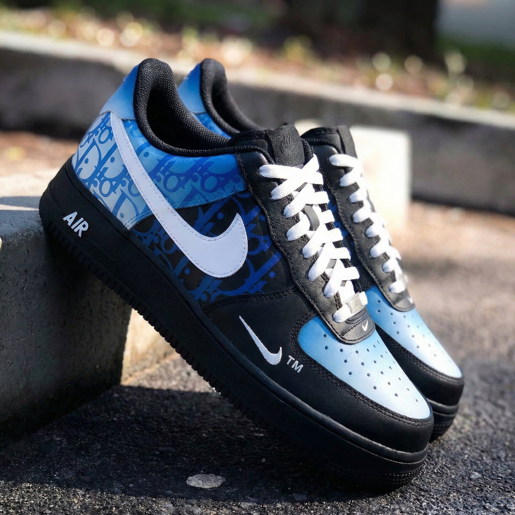 Custom AF 1s Shoes Black Baby Blue LV Pattern-oicustom