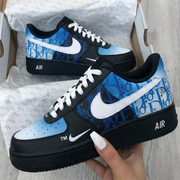 Custom AF 1s Shoes Black Baby Blue LV Pattern-oicustom