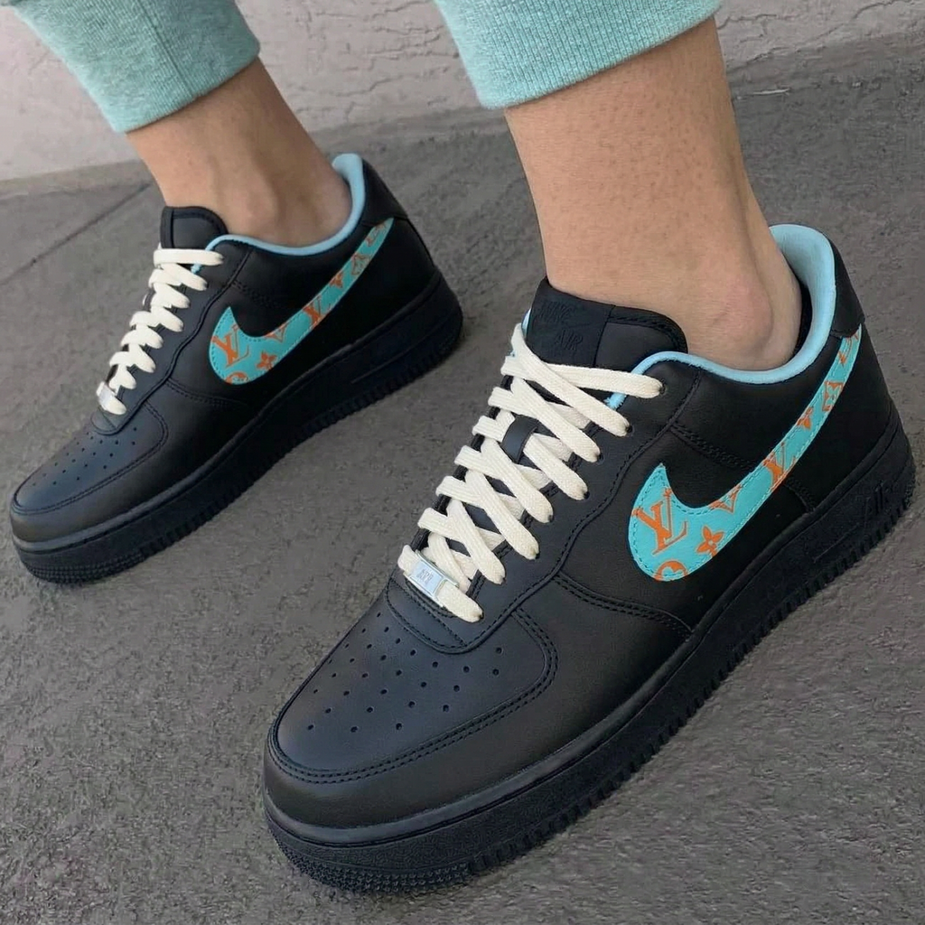 Custom AF 1s Shoes Black Baby Blue Orange LV-oicustom
