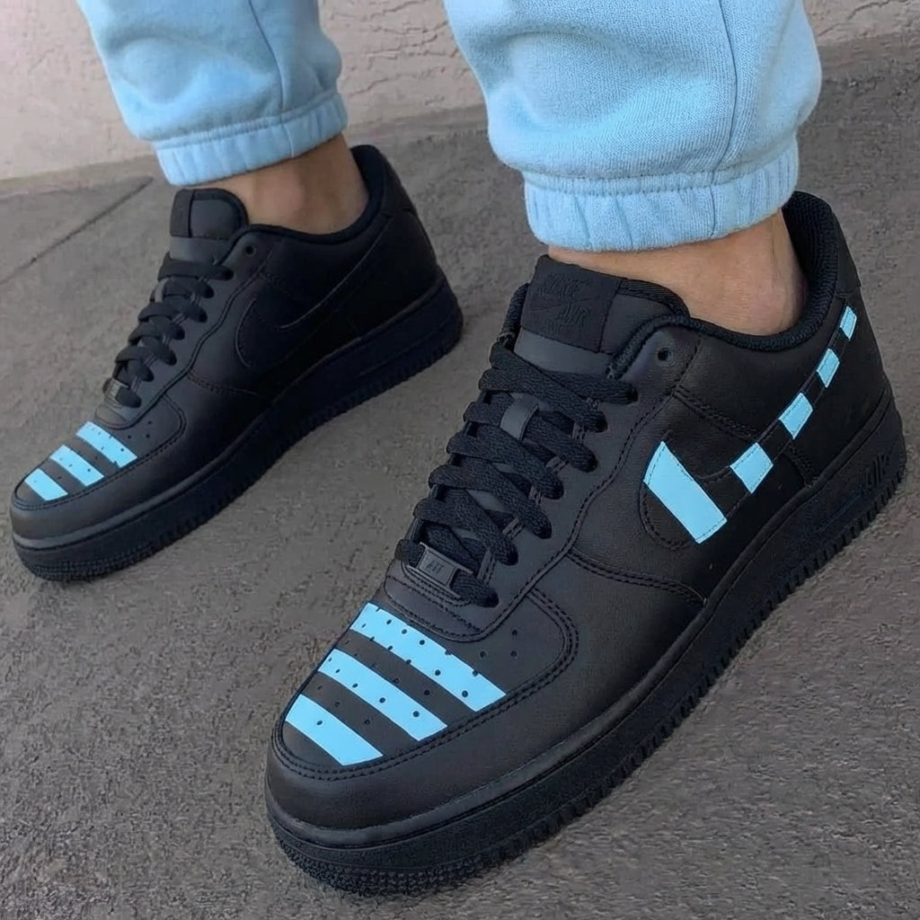 Custom AF 1s Shoes Black Baby Blue Stripes-oicustom