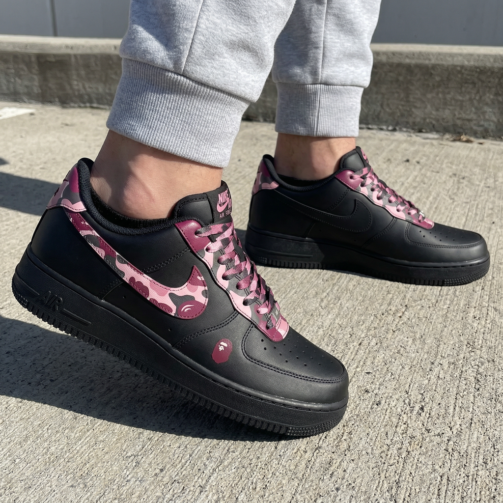 Custom AF 1s Shoes Black Baby Pink Burgundy Camo Bape Logo-oicustom