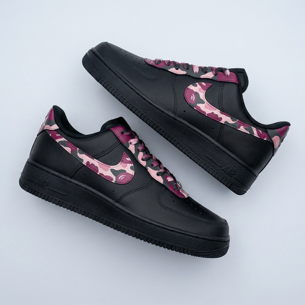 Custom AF 1s Shoes Black Baby Pink Burgundy Camo Bape Logo-oicustom