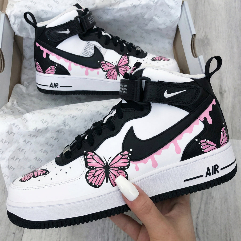 Custom AF 1s Shoes Black Baby Pink with Butterflies-oicustom