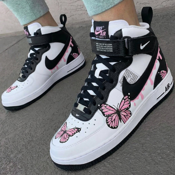 Custom AF 1s Shoes Black Baby Pink with Butterflies-oicustom