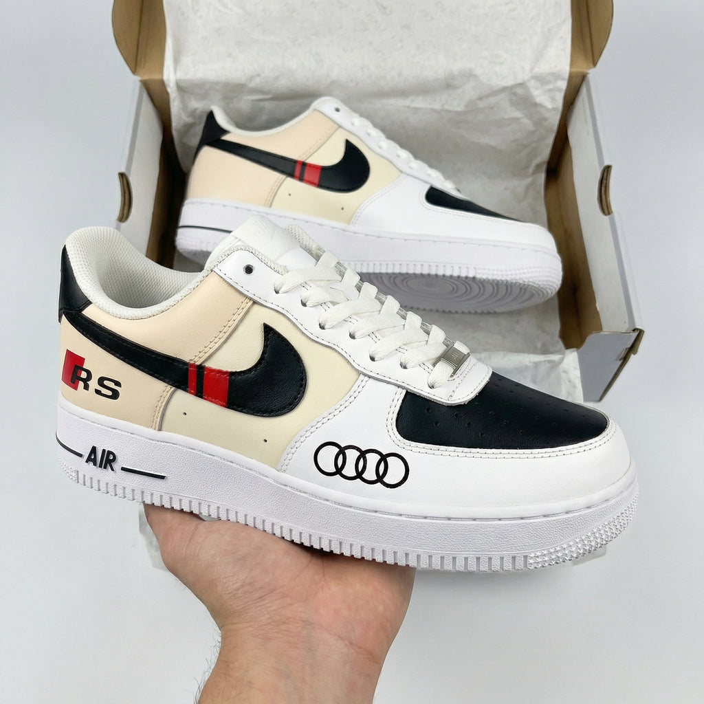 Custom AF 1s Shoes Black Beige Audi And RS Logos Red Stripes-oicustom
