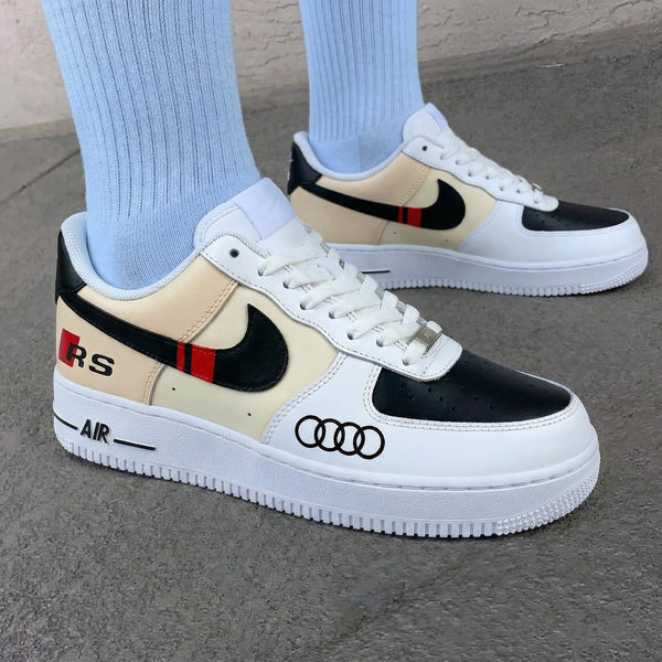 Custom AF 1s Shoes Black Beige Audi And RS Logos Red Stripes-oicustom