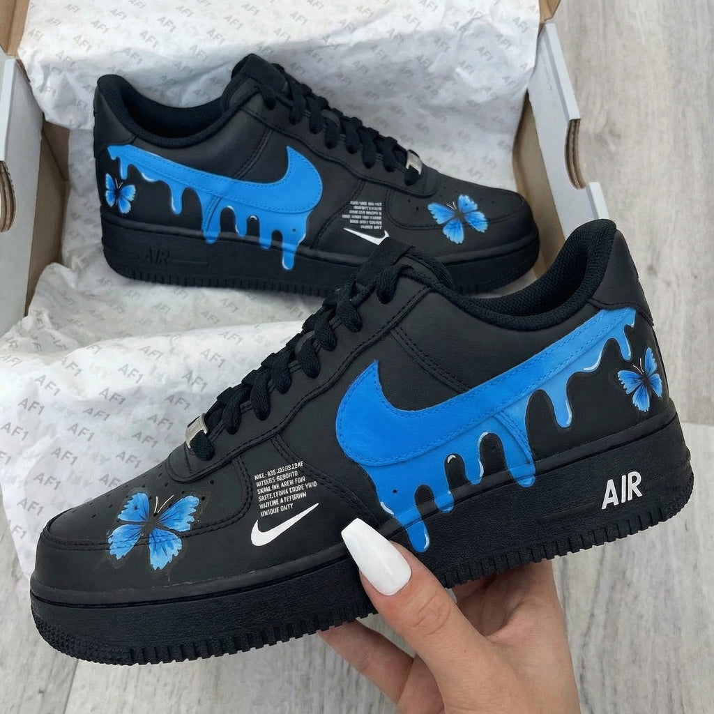 Custom AF 1s Shoes Black Blue Butterflies Drip Design-oicustom