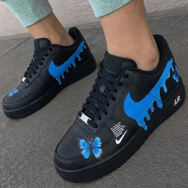 Custom AF 1s Shoes Black Blue Butterflies Drip Design-oicustom