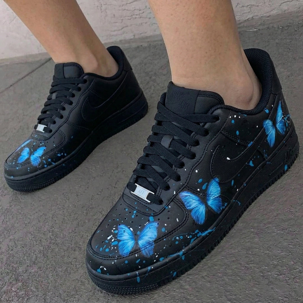Custom AF 1s Shoes Black Blue Butterflies Splatter-oicustom