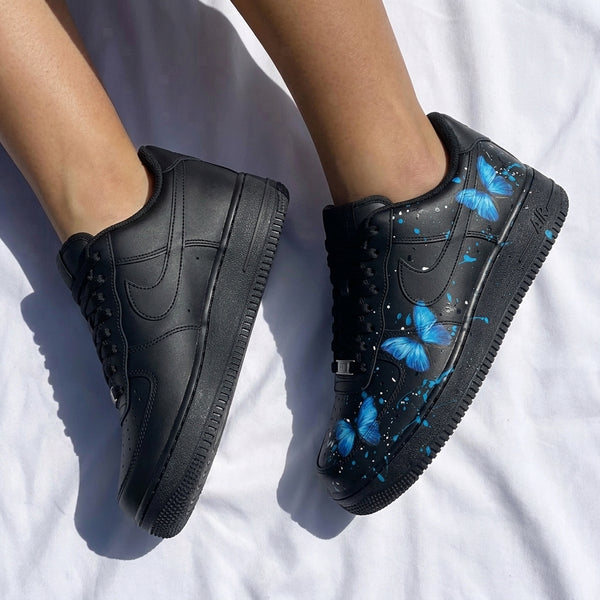 Custom AF 1s Shoes Black Blue Butterflies Splatter-oicustom