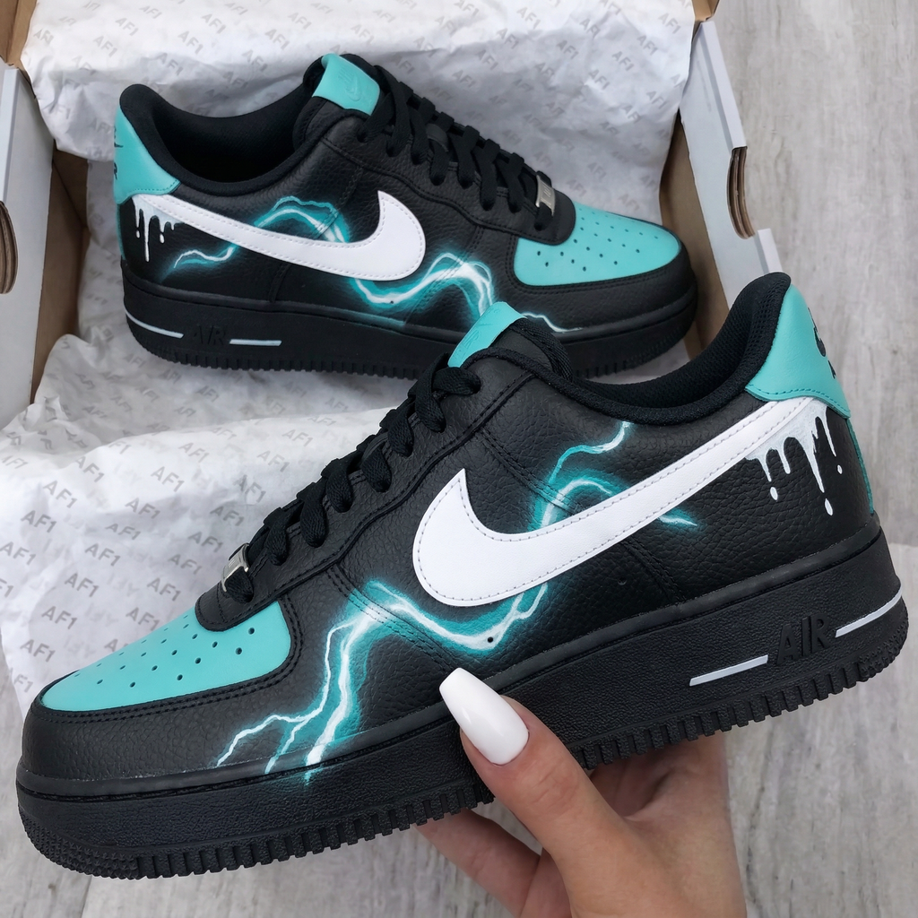 Custom AF 1s Shoes Black Blue Lightning Drip Design-oicustom