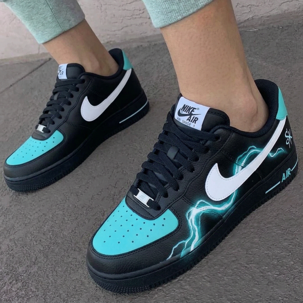 Custom AF 1s Shoes Black Blue Lightning Drip Design-oicustom