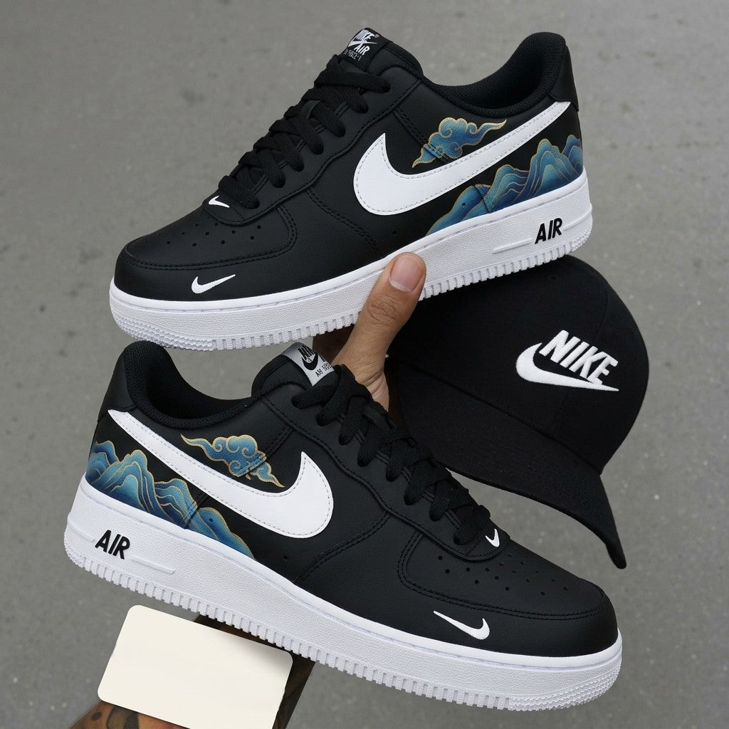 Custom AF 1s Shoes Black Blue Mountains Clouds-oicustom