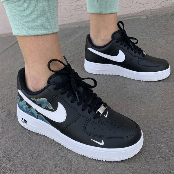 Custom AF 1s Shoes Black Blue Mountains Clouds-oicustom