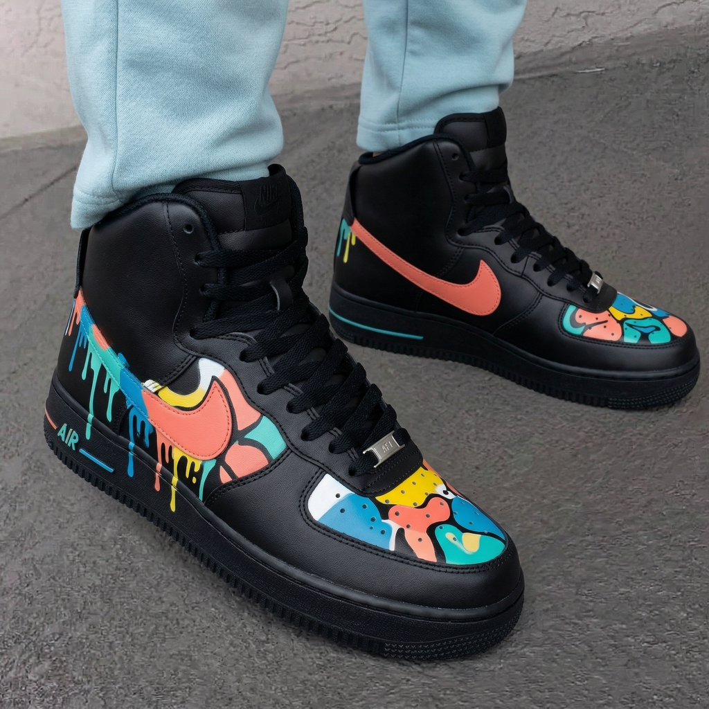 Custom AF 1s Shoes Black Colorful Drip Graffiti Pattern-oicustom