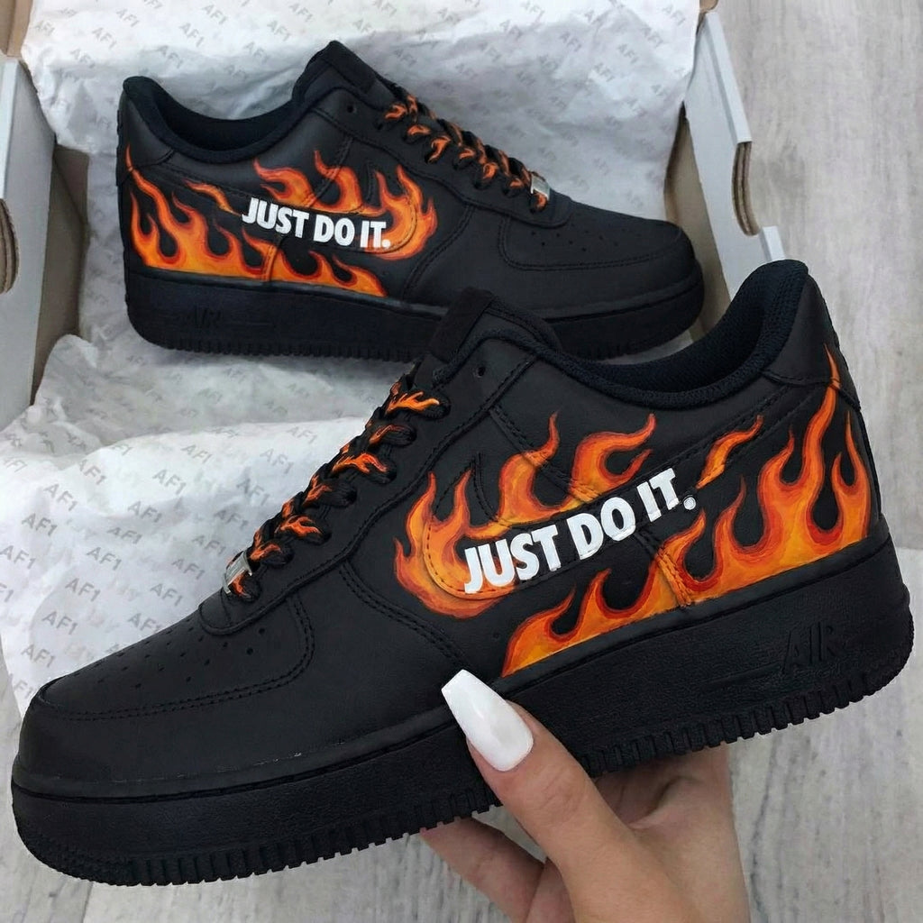 Custom AF 1s Shoes Black Flame and Just Do It Design-oicustom