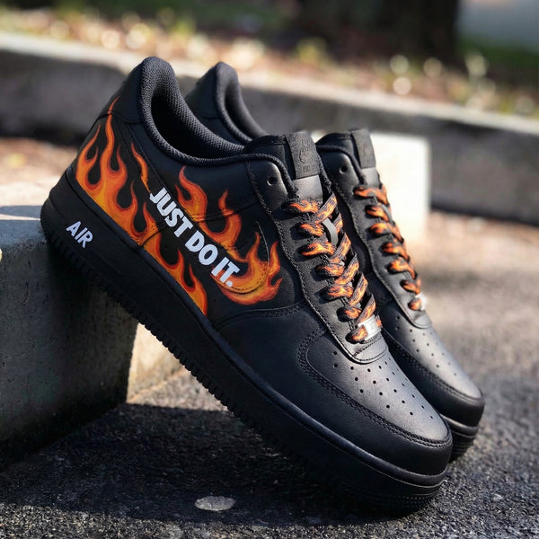 Custom AF 1s Shoes Black Flame and Just Do It Design-oicustom
