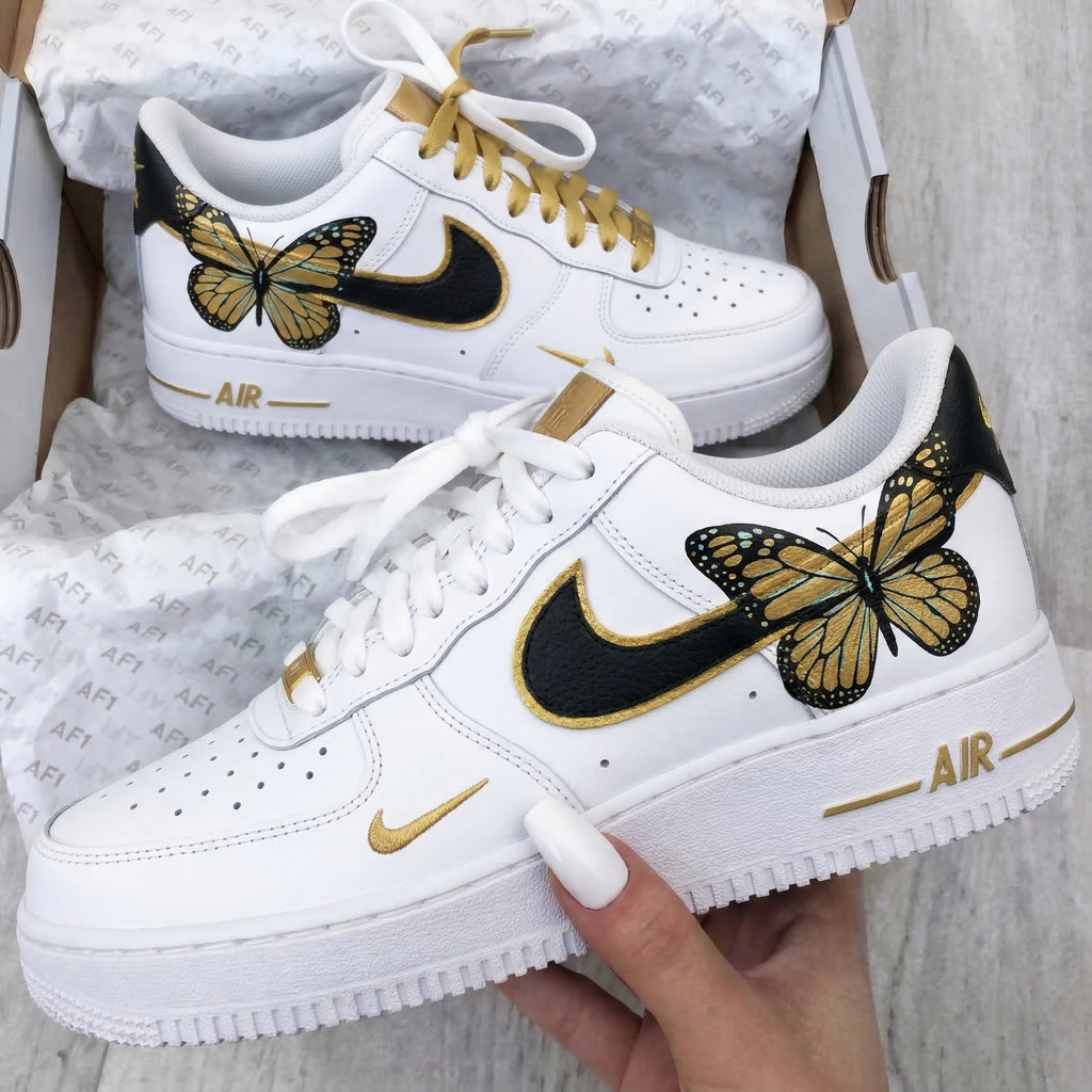 Custom AF 1s Shoes Black Gold Butterflies-oicustom