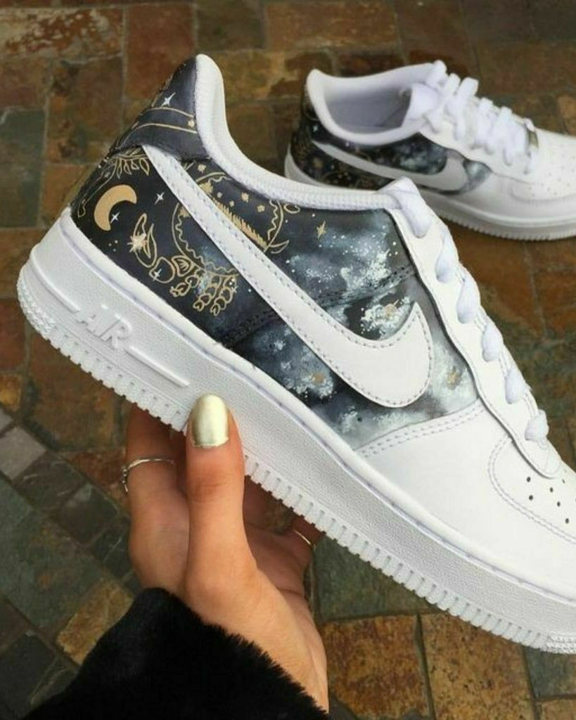 Custom AF 1s Shoes Black Gold Celestial Pattern-oicustom
