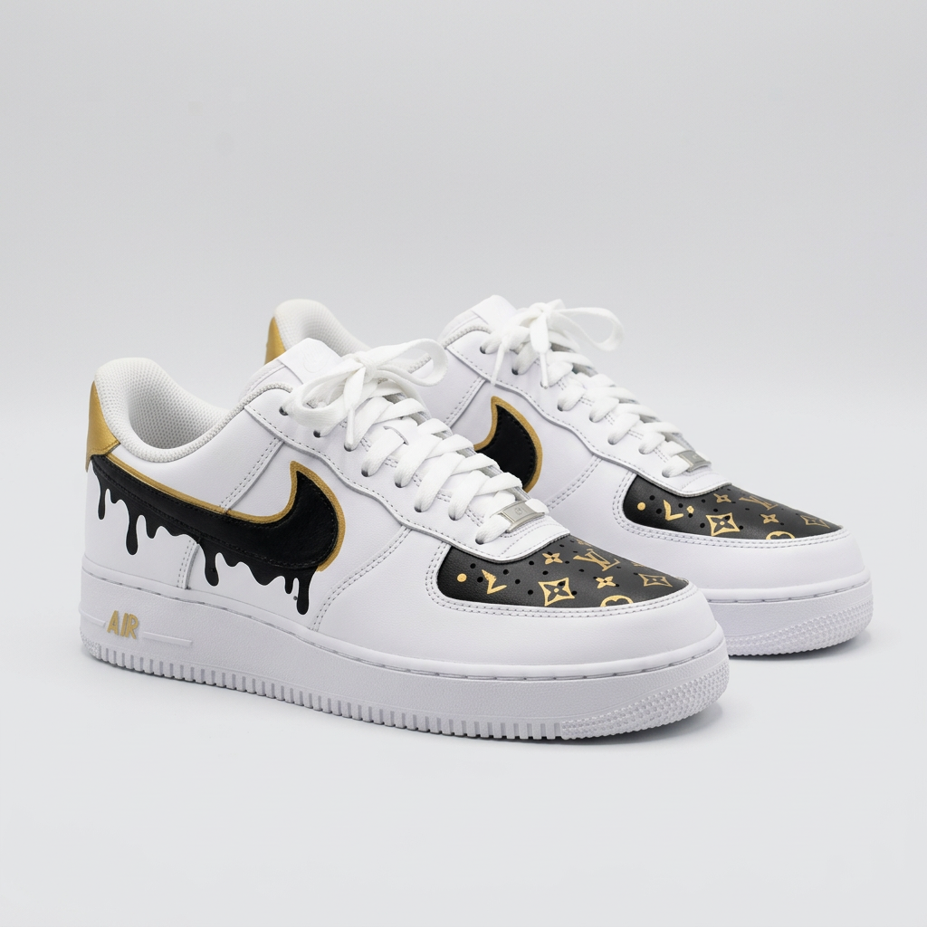 Custom AF 1s Shoes Black Gold LV Logo Drip-oicustom