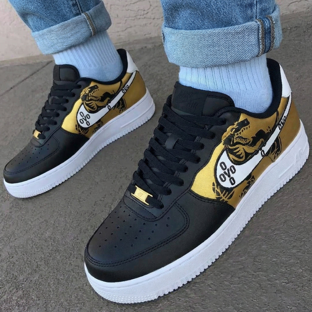 Custom AF 1s Shoes Black Gold OVO Dinosaur Design-oicustom