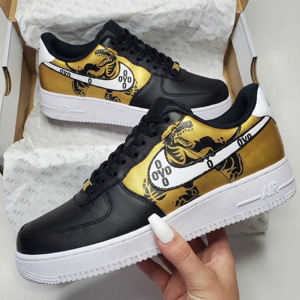 Custom AF 1s Shoes Black Gold OVO Dinosaur Design-oicustom