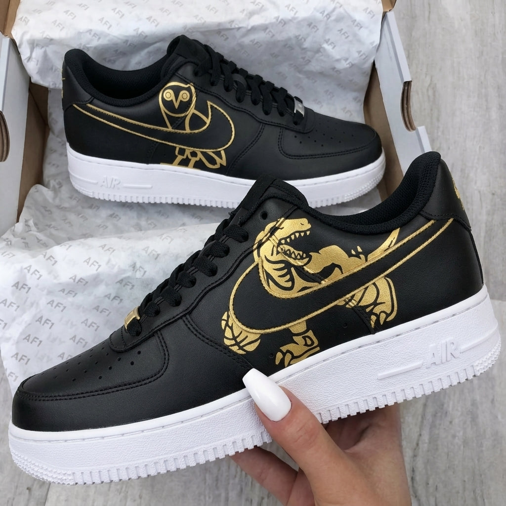 Custom AF 1s Shoes Black Gold Owl Dinosaur Patterns-oicustom