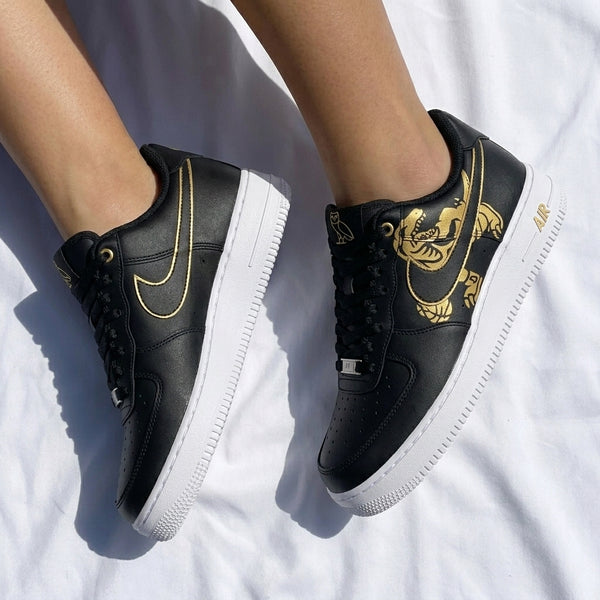 Custom AF 1s Shoes Black Gold Owl Dinosaur Patterns-oicustom