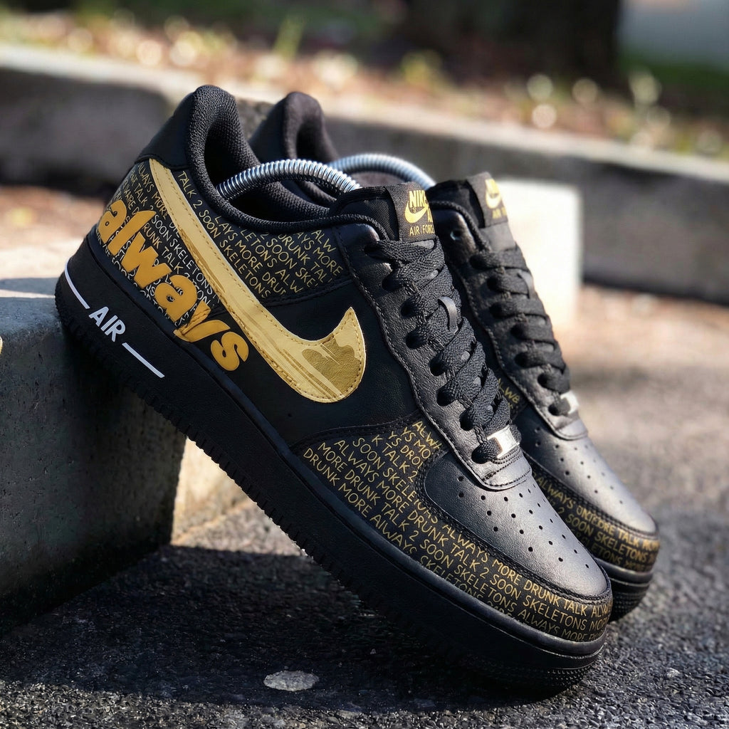 Custom AF 1s Shoes Black Gold with Text Pattern-oicustom