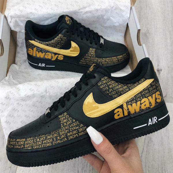 Custom AF 1s Shoes Black Gold with Text Pattern-oicustom