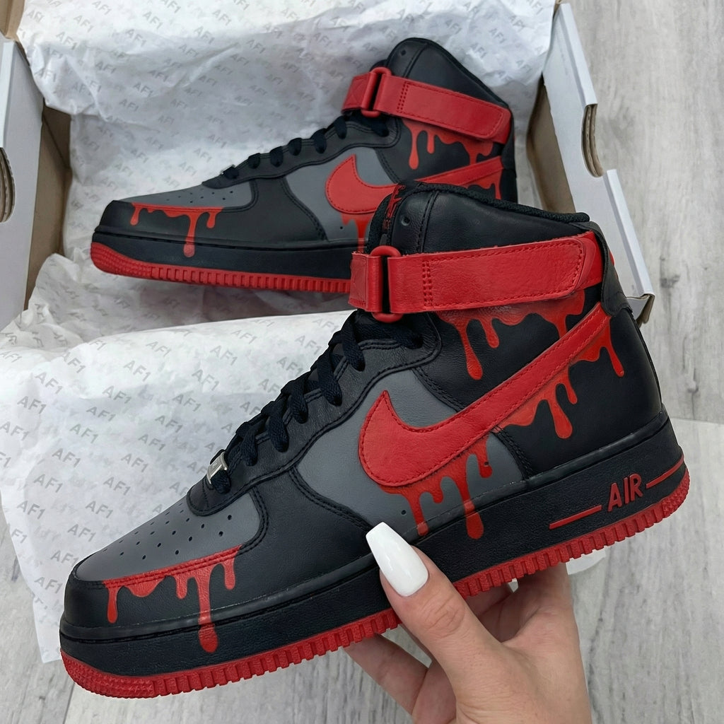 Custom AF 1s Shoes Black Gray Red Drip Design-oicustom