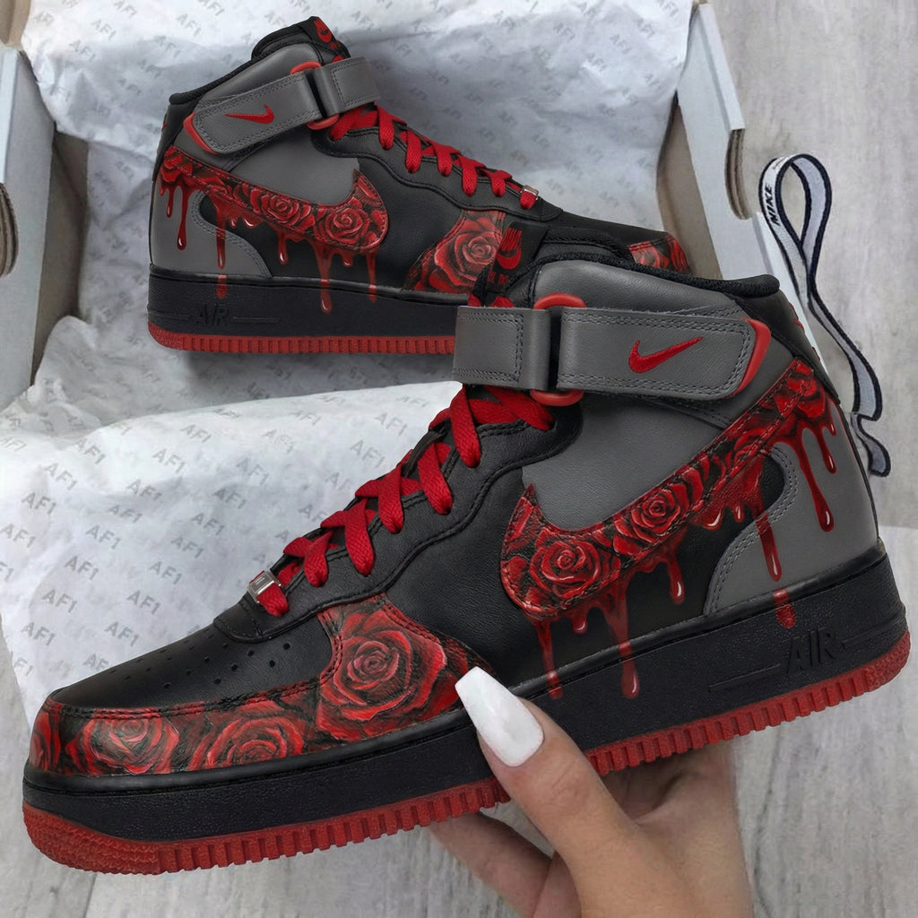 Custom AF 1s Shoes Black Gray Red Roses Design-oicustom