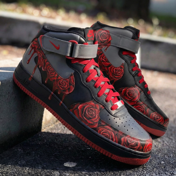 Custom AF 1s Shoes Black Gray Red Roses Design-oicustom