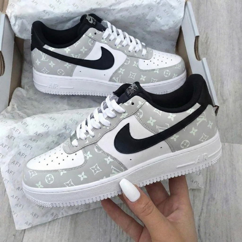 Custom AF 1s Shoes Black Gray with LV Logo-oicustom