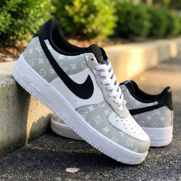 Custom AF 1s Shoes Black Gray with LV Logo-oicustom